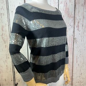 Vince Camuto Sequins Striped Boatneck Metallic Cuffed Sleeve EUC Sweater SMALL
